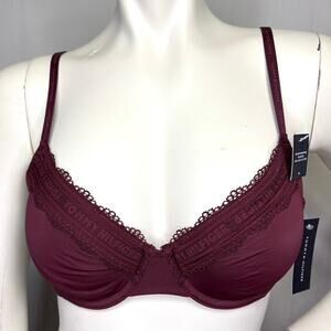 Tommy Hilfiger Underwire T-Shirt Bra 36B Windsor Wine Burgundy Lace Trim Unlined